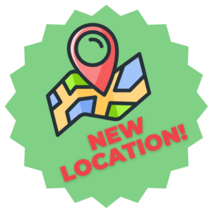 Aqua coloured star with "new location" and a map with a pin on it